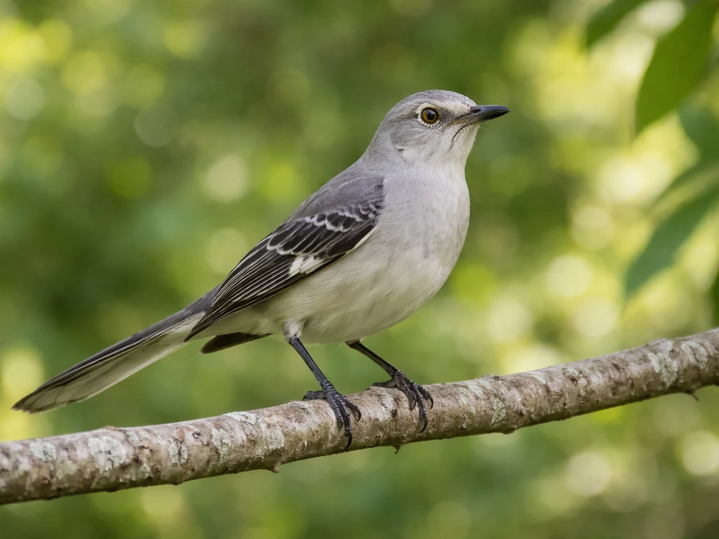 Northern mockingbird perched on a branch in Florida greenery, showing realistic feather detail