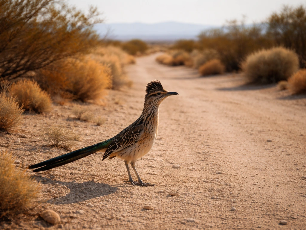 Greater Roadrunner standing on a dirt roadside in an arid New Mexico desert scrub landscape.