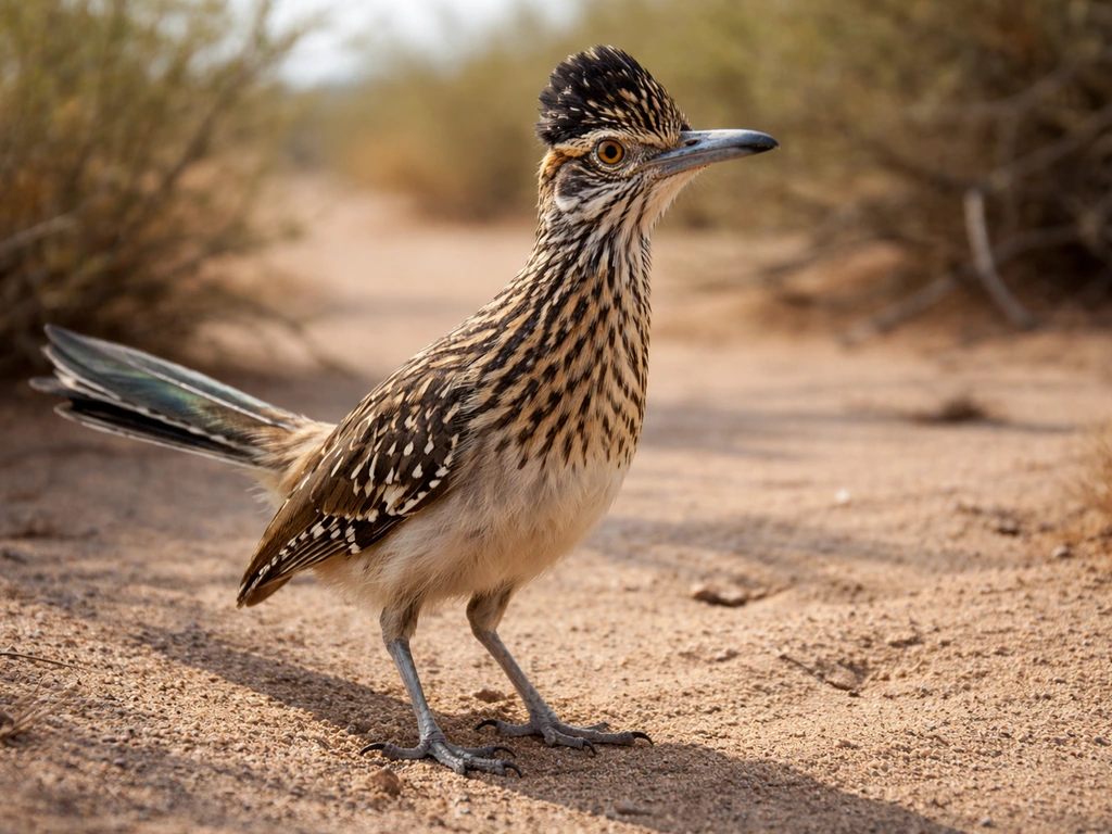 Greater roadrunner standing on sandy desert ground near low desert shrubs.