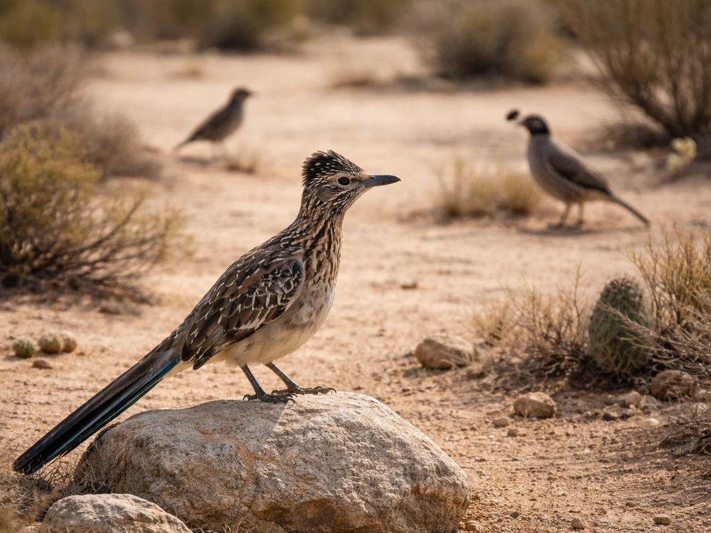 Greater roadrunner perched beside two different Southwestern bird silhouettes in a desert setting