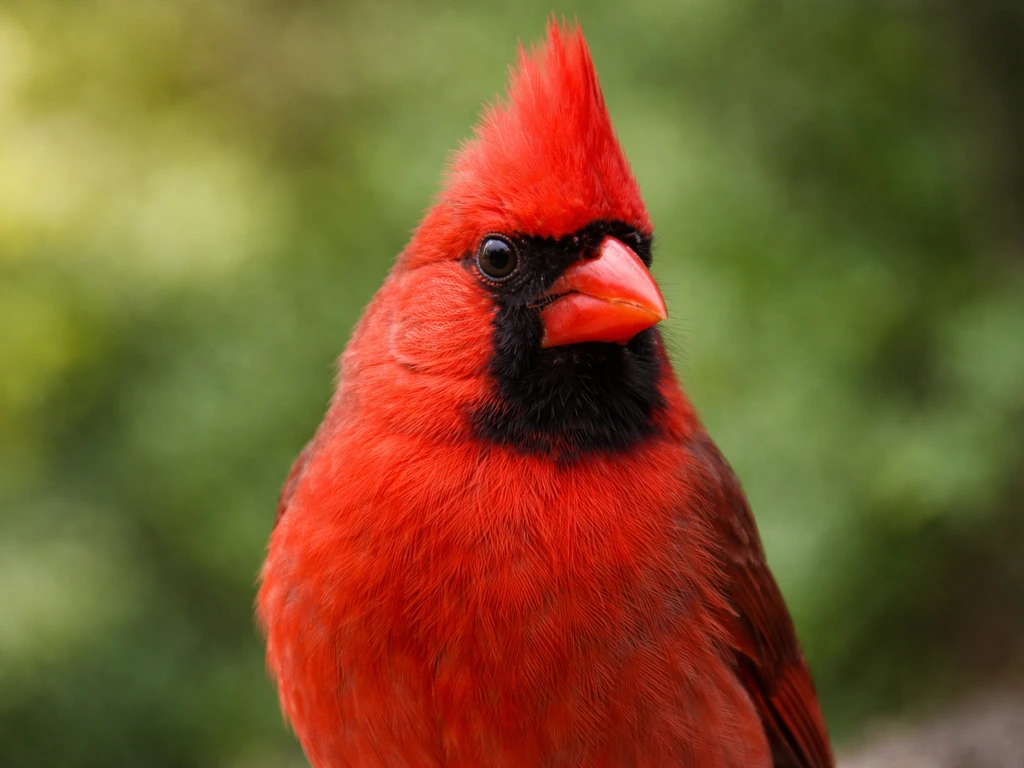 Adult male Northern Cardinal close-up with vivid red plumage, raised crest, and black face mask.