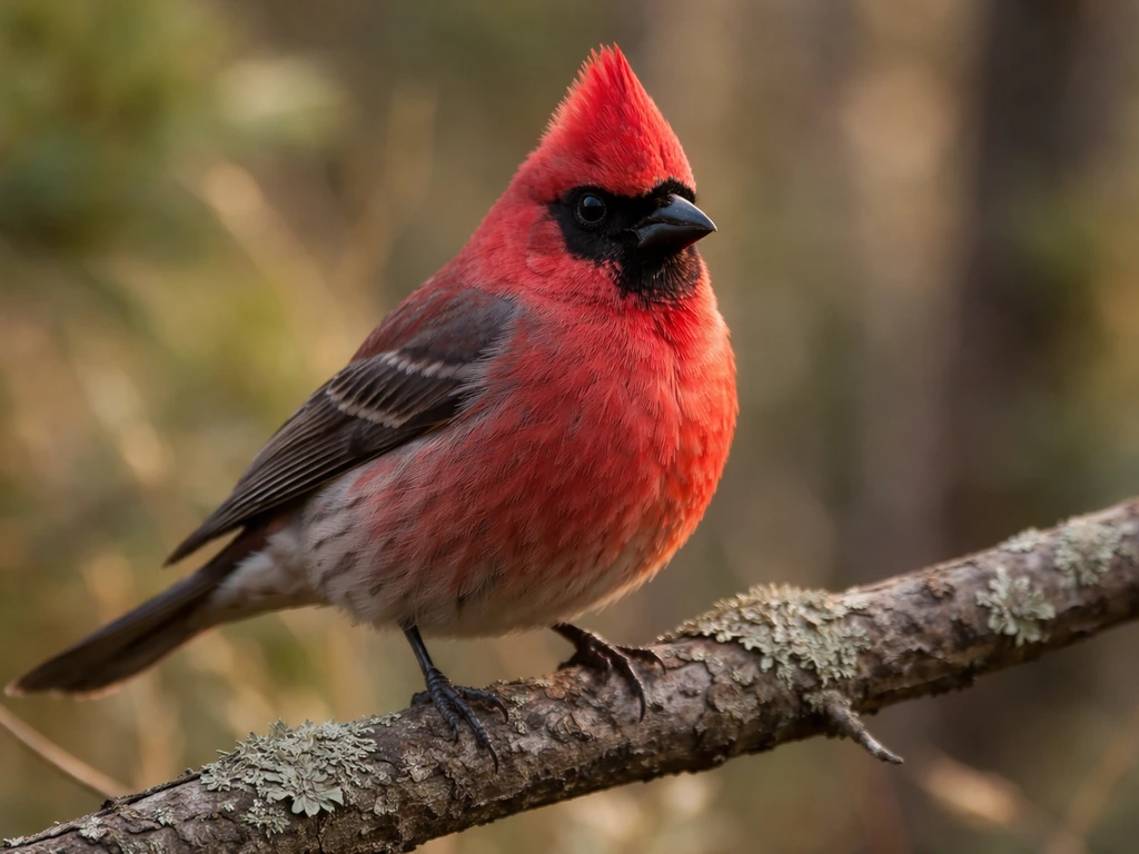 Closeup of a small red crested songbird perched on a branch in a quiet woodland edge.