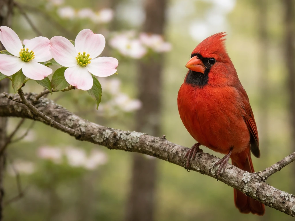 A Northern Cardinal perched near white dogwood blossoms in soft spring light