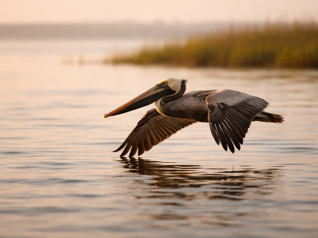 Brown pelican flying low over shallow Louisiana coastal water with ripples and bay reflections