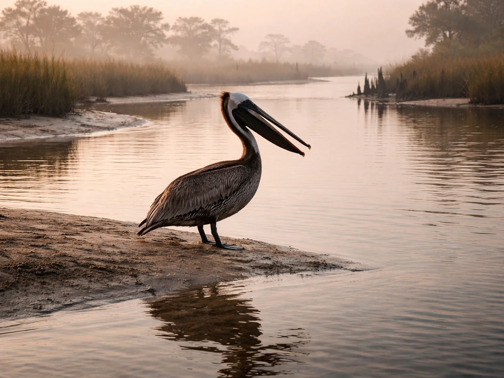 Brown pelican on a shallow Louisiana estuary mudflat at sunrise with marsh grasses and cypress in the distance