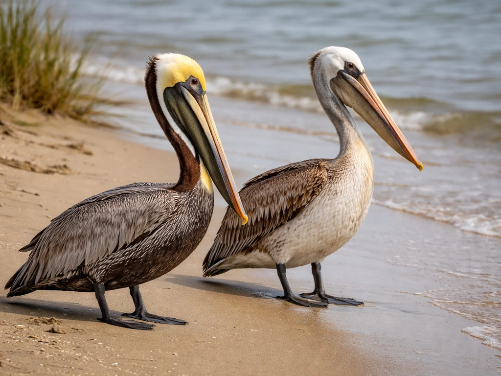 Brown pelican close-up on a Louisiana beach beside a similar waterbird for comparison.