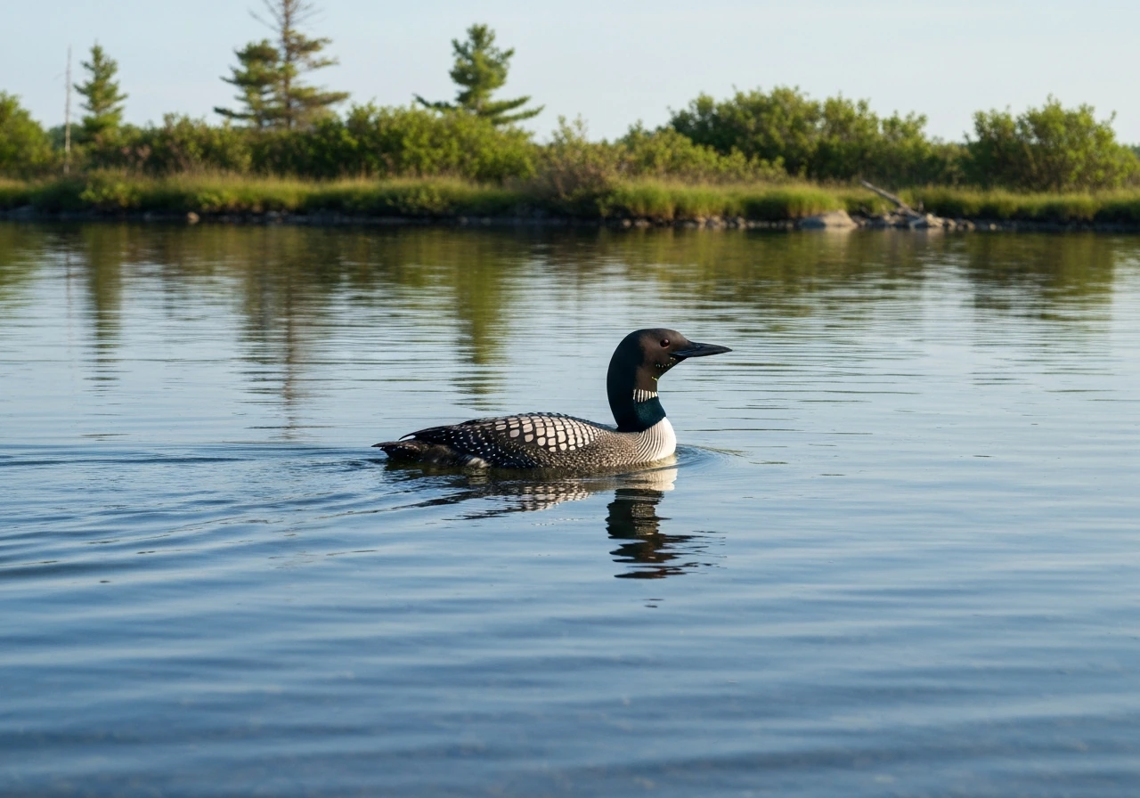 Common loon swimming on a clear Ontario lake with bushy shoreline and water reflections.