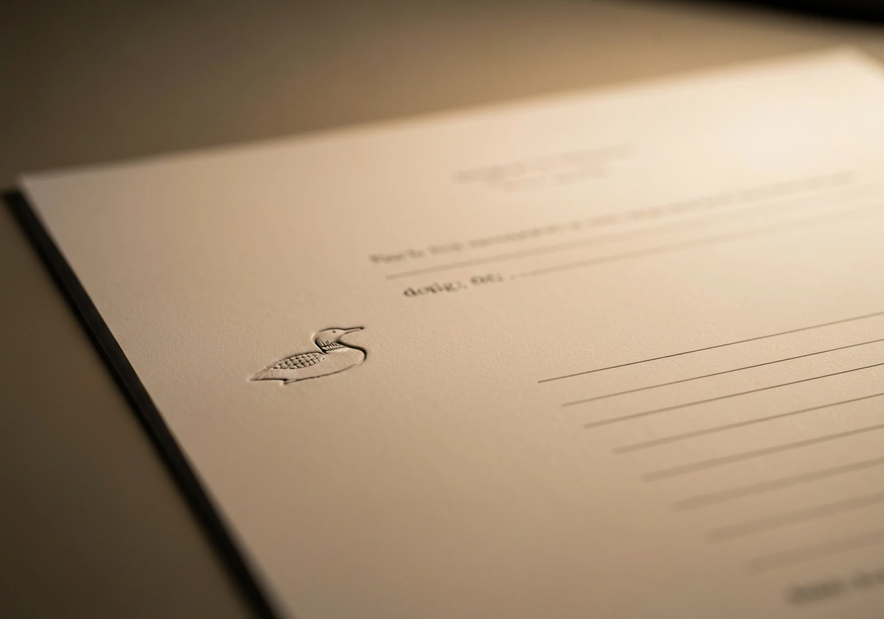 Close-up of an official-looking law document text area with an emblem-style loon silhouette embossed nearby.