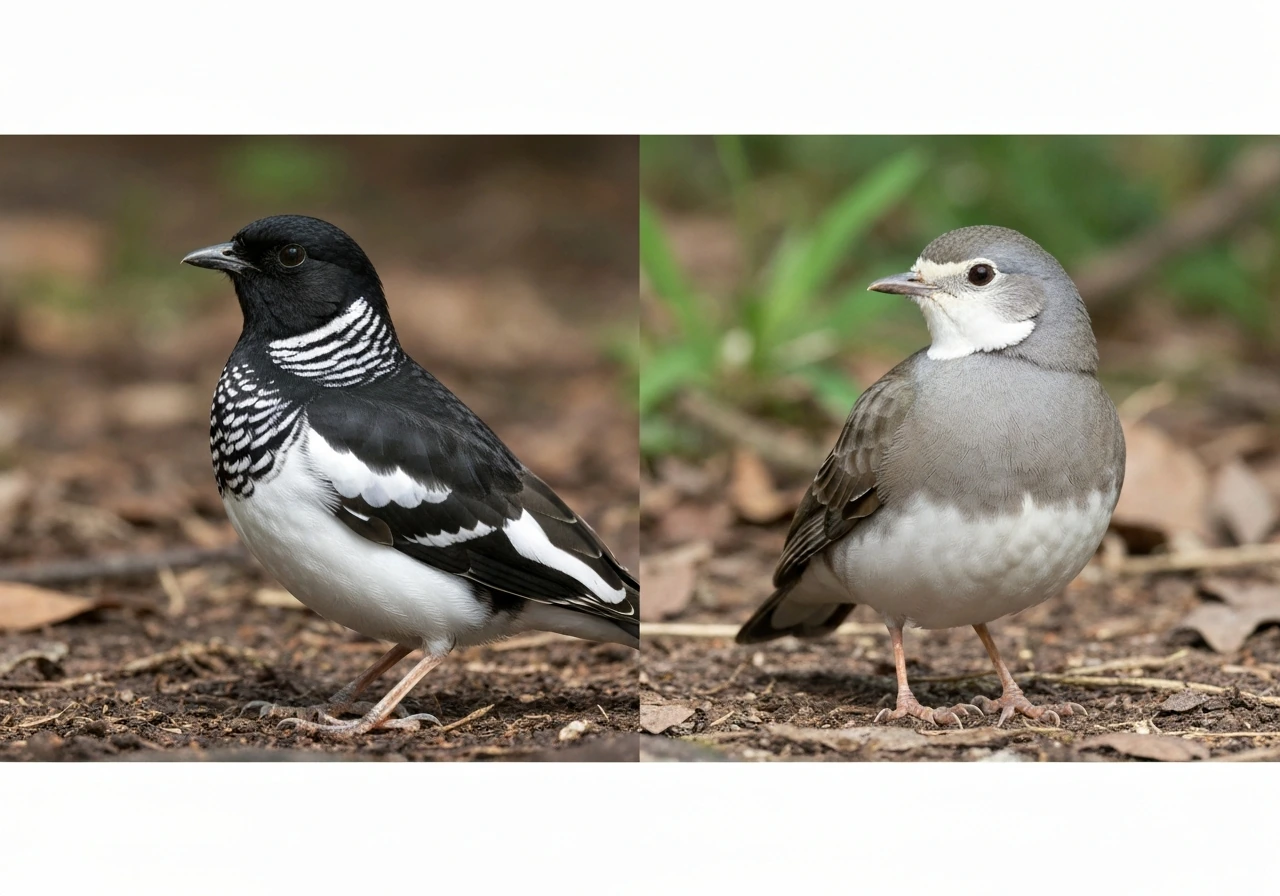 Two birds side by side showing breeding (black/checkered) vs non-breeding (gray-brown/white) plumage differences.
