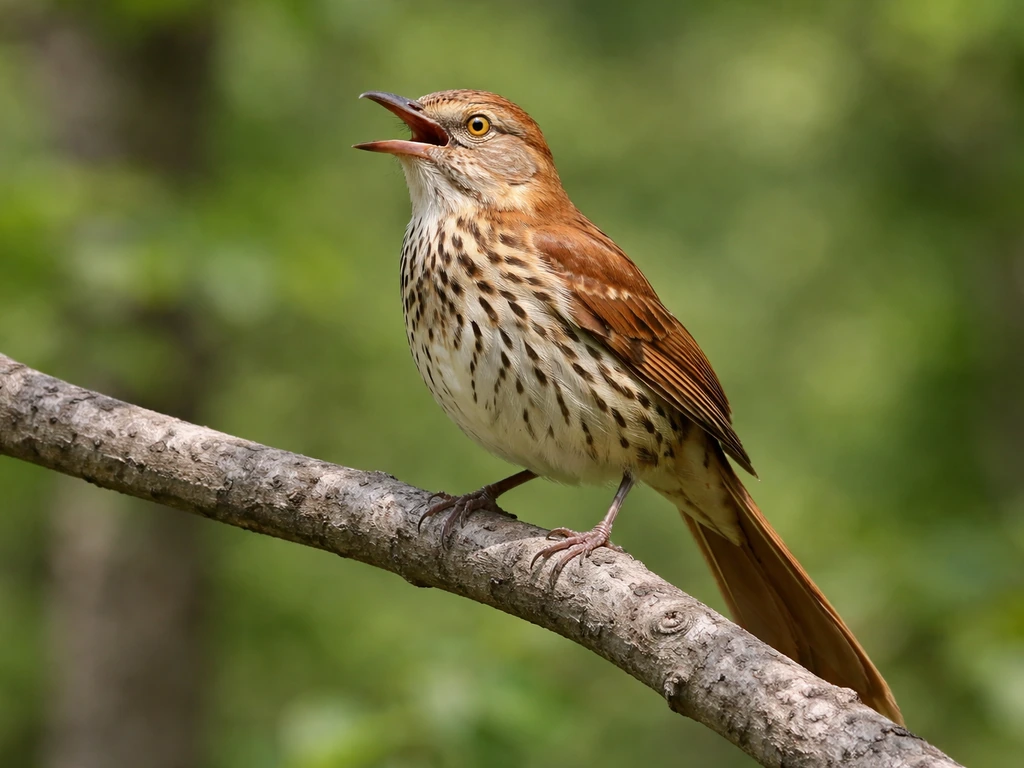 Brown thrasher perched on a branch with its beak open, singing in soft green woodland light.