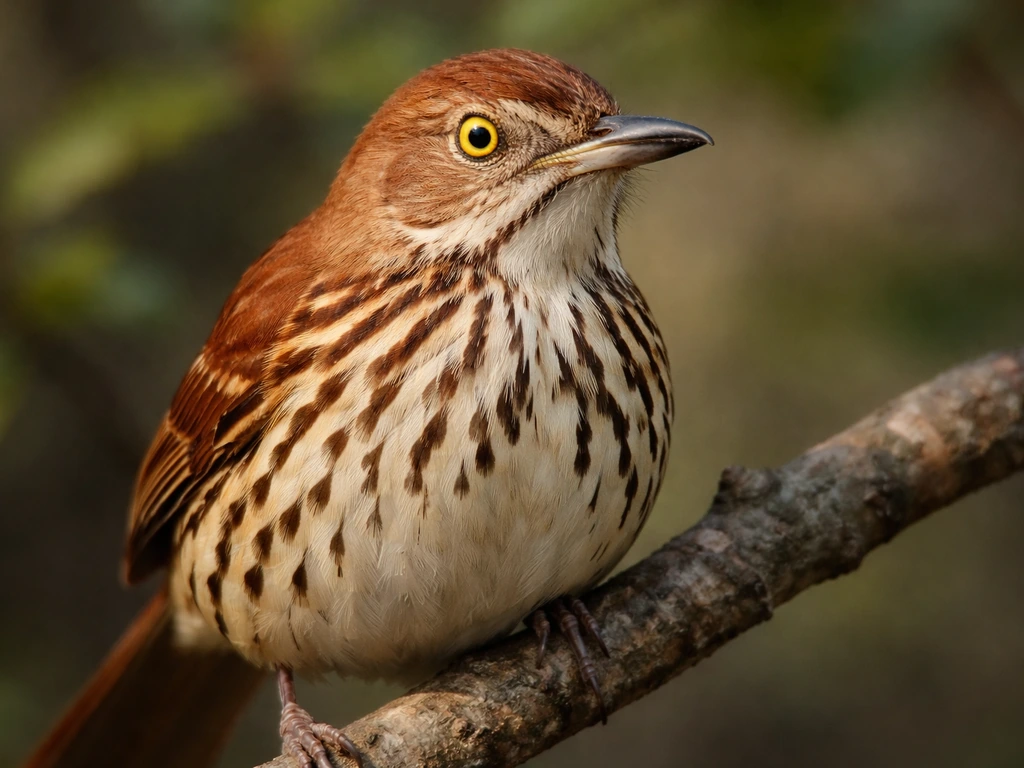 Close-up of a brown thrasher showing reddish-brown upperparts, streaked buffy underparts, and a bright yellow eye.