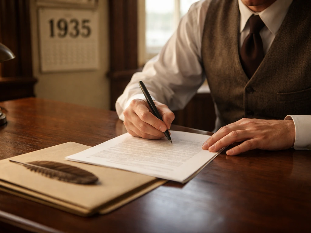 Anonymous clerk signing a 1935 proclamation document beside a brown thrasher feather in a 1930s office.