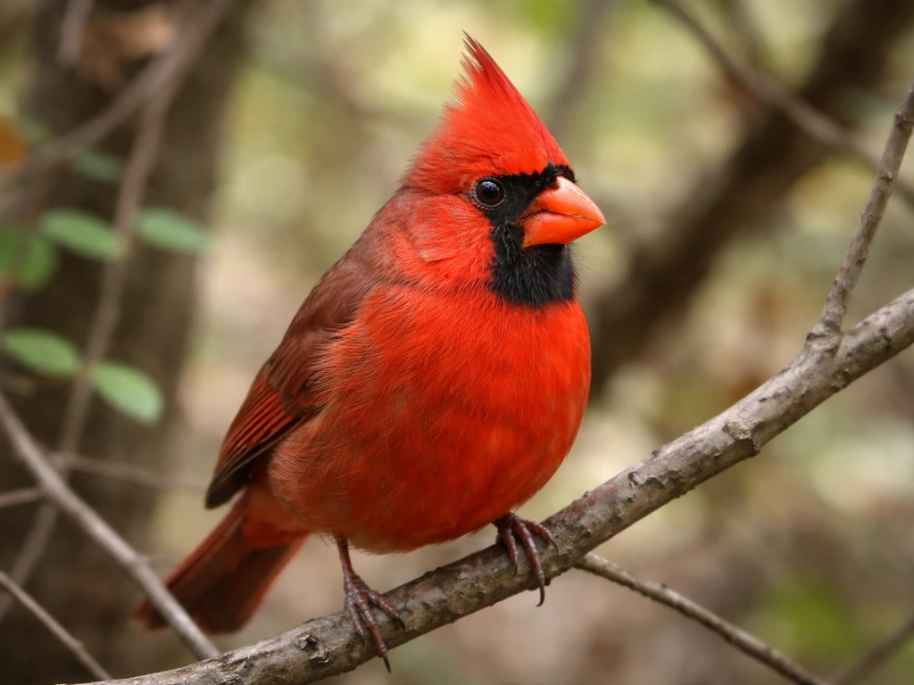 A Northern Cardinal perched on woodland branches, crest and beak clearly visible in natural light.