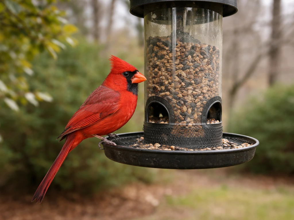 Male northern cardinal perched at a yard bird feeder with vivid red plumage in natural light.
