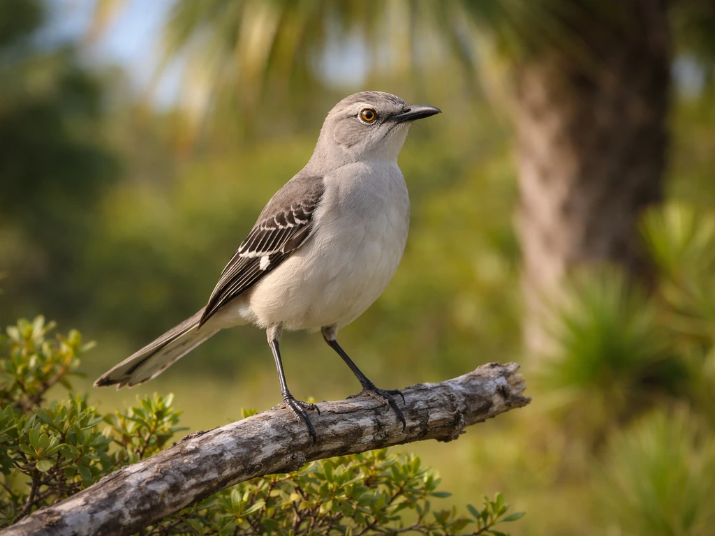 Northern Mockingbird perched on a branch in a sunlit Florida landscape with shrubs and soft greenery behind.