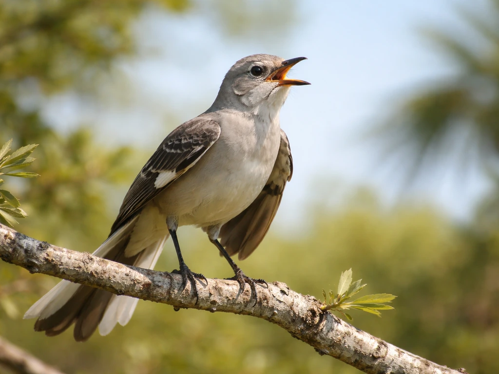 A Northern mockingbird perched on a branch with its beak open, singing in soft Florida light.