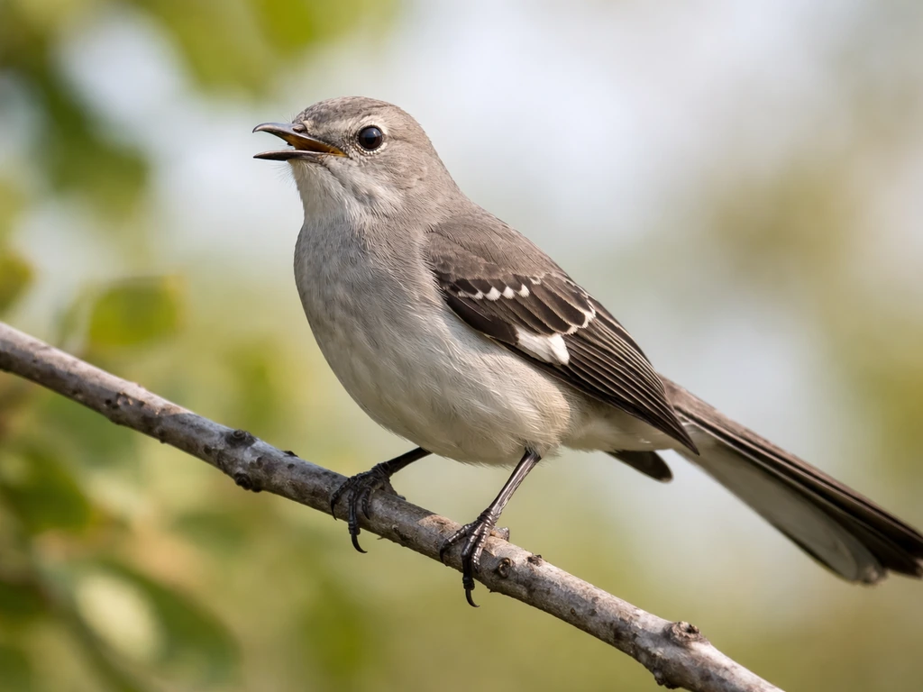 Close-up Northern Mockingbird perched on a branch with gray body, white wing bars, and long tail in soft Florida backdro