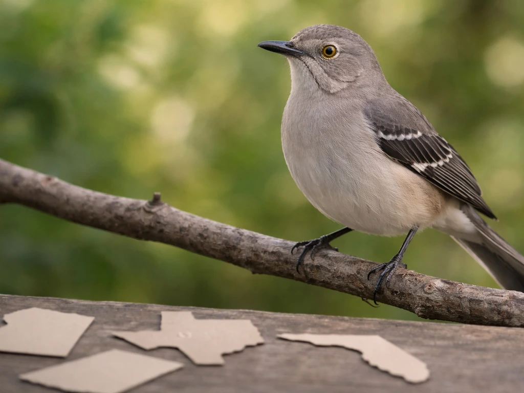 Northern mockingbird perched on a branch beside a few state-shaped cutouts in soft natural light.