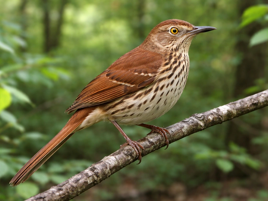 Brown thrasher perched on a branch, showing reddish-brown wings, yellow eye, and streaked breast.