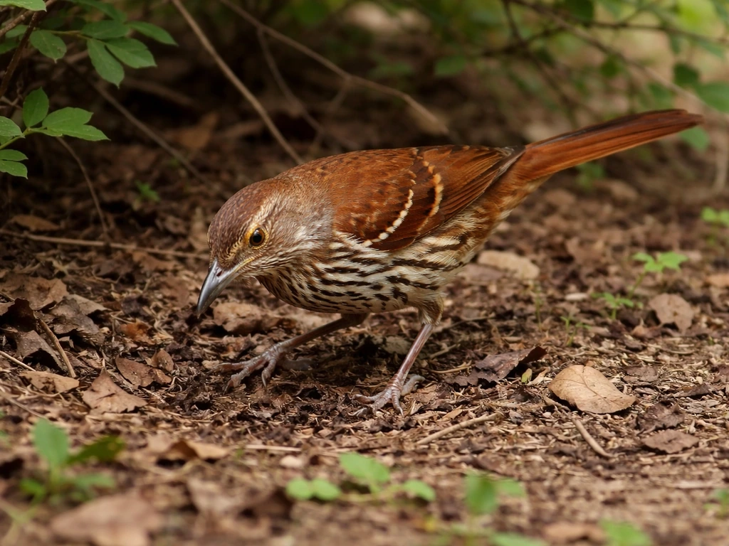 Brown thrasher foraging and scratching in leaf litter near a Georgia hedgerow.