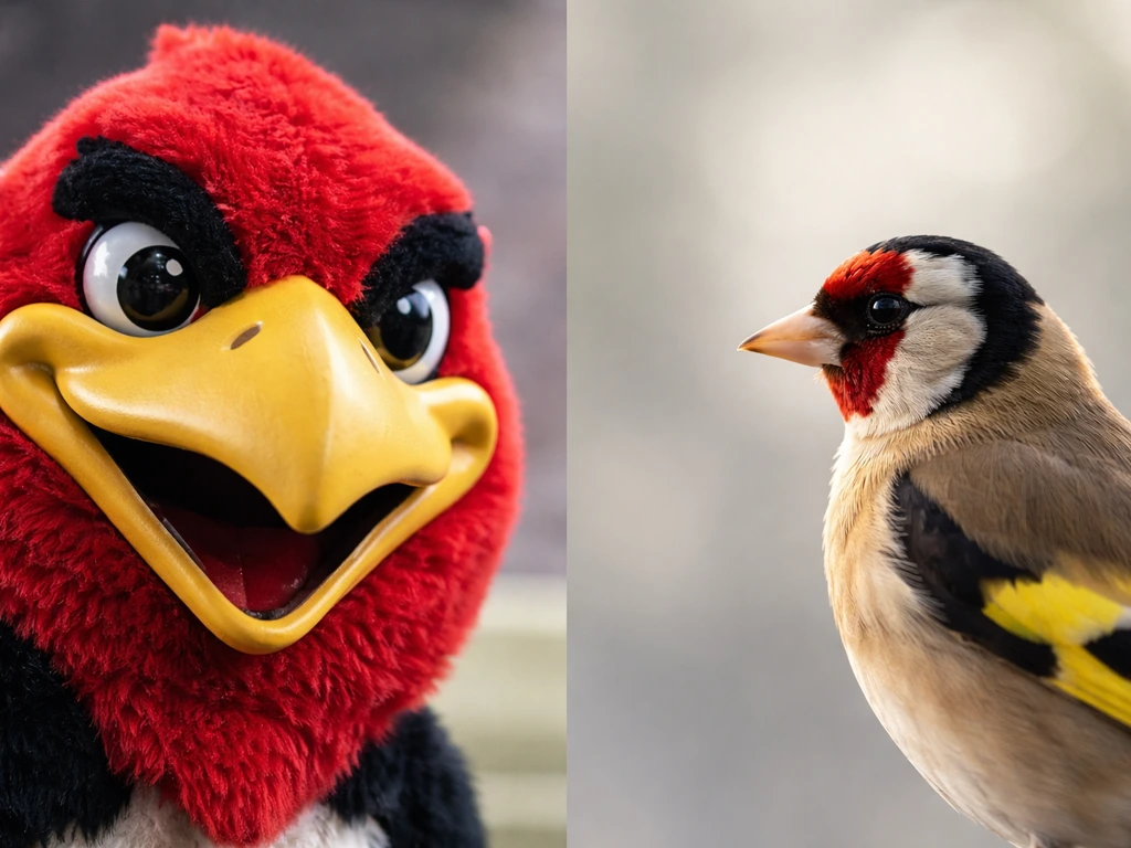 Close-up of a birdlike mascot head beside a goldfinch silhouette, suggesting the Iowa bird confusion
