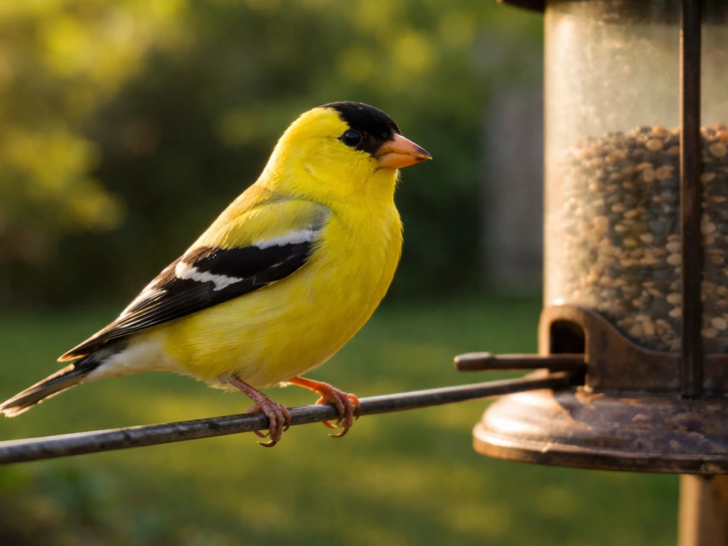 Close-up of an American goldfinch perched by a seed feeder, showing gold-and-black plumage in natural light.