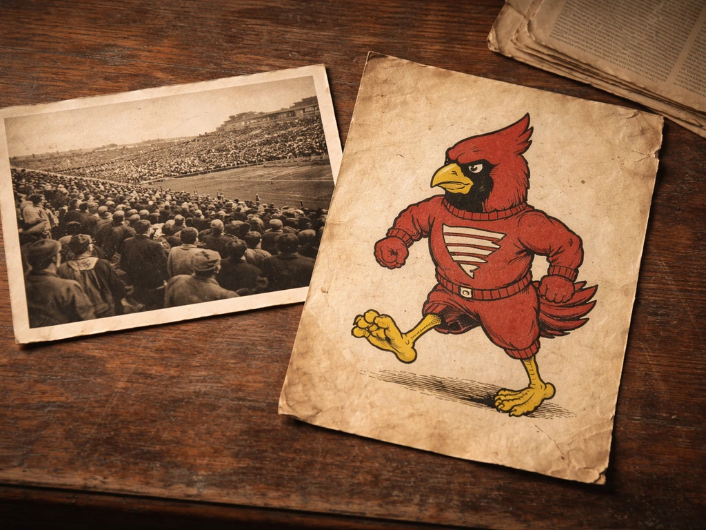 Sepia archival photos and a faded cardinal-themed mascot poster on a worn wooden desk