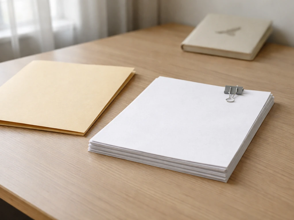 Minimal photo showing a small set of verification items on an office desk: folders, a document, and a bird-symbol motif.