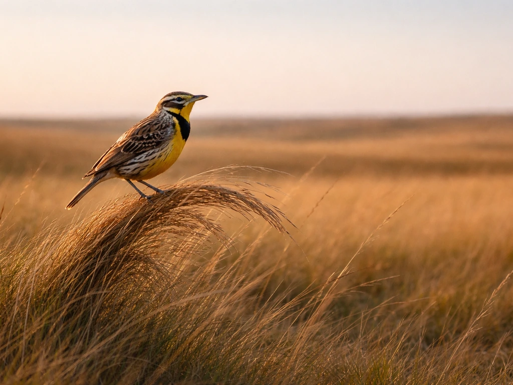 Western meadowlark perched on prairie grass in a Kansas-like field at golden hour