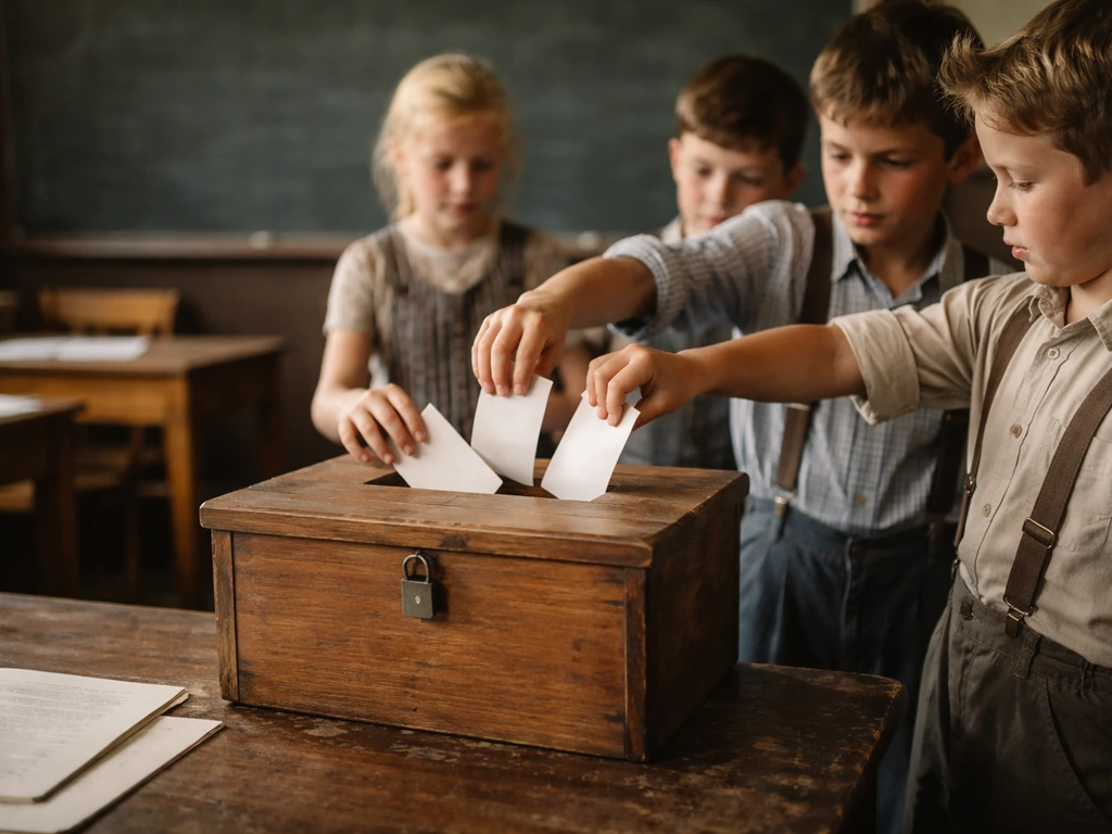 1930s classroom scene with children dropping paper ballots into a wooden ballot box.