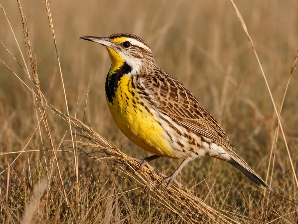 Western meadowlark perched in Kansas prairie grass, showing bright yellow chest and dark markings.
