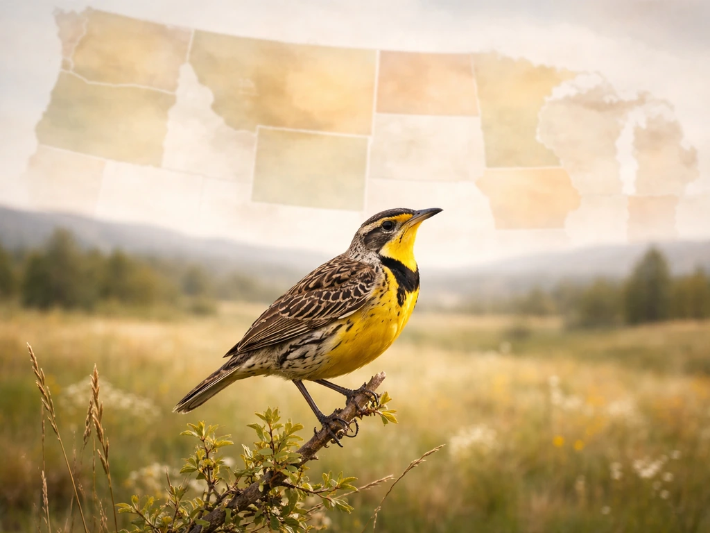 Western meadowlark perched near a simple outline map highlighting several states it is a state bird in