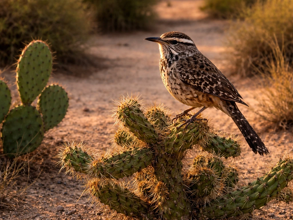 Cactus wren perched near cholla in the Arizona desert, showing size and brown streaked plumage.