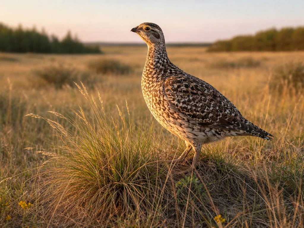 Sharp-tailed grouse perched on prairie grass with Saskatchewan parkland landscape softly blurred behind.