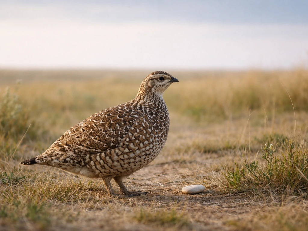 Sharp-tailed grouse standing in open prairie grass with a small natural item beside it for scale.