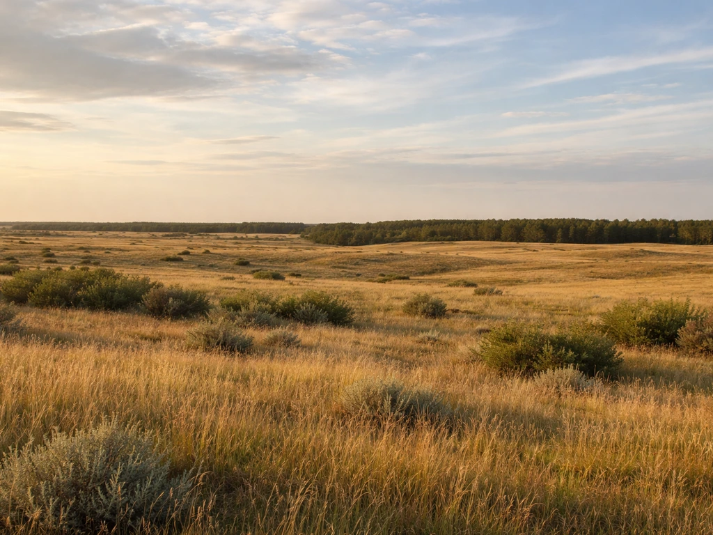 Wide view of Saskatchewan grasslands and parkland with golden fields and distant tree line in southern/central light.