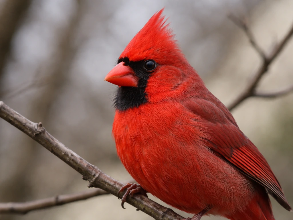 Close-up of a northern cardinal showing red crest and black mask around the bill and chin.