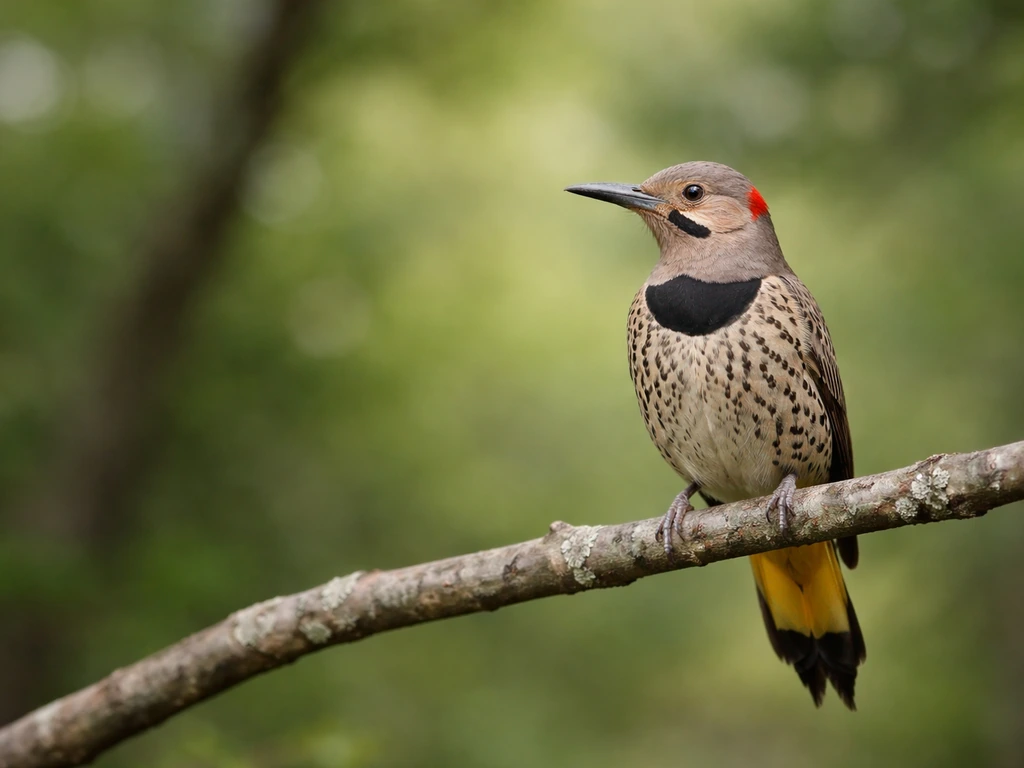 Yellow-shafted Northern Flicker perched on a branch with soft green background, minimal realistic photo