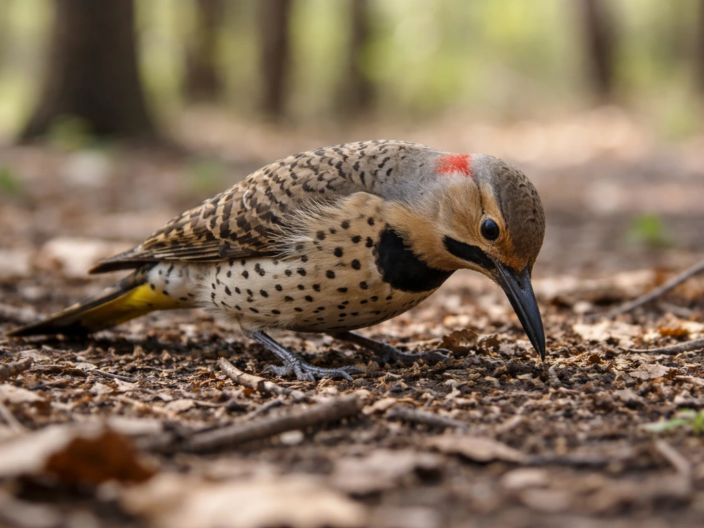 Yellow-shafted northern flicker foraging on the ground in an open woodland, probing soil near leaf litter.