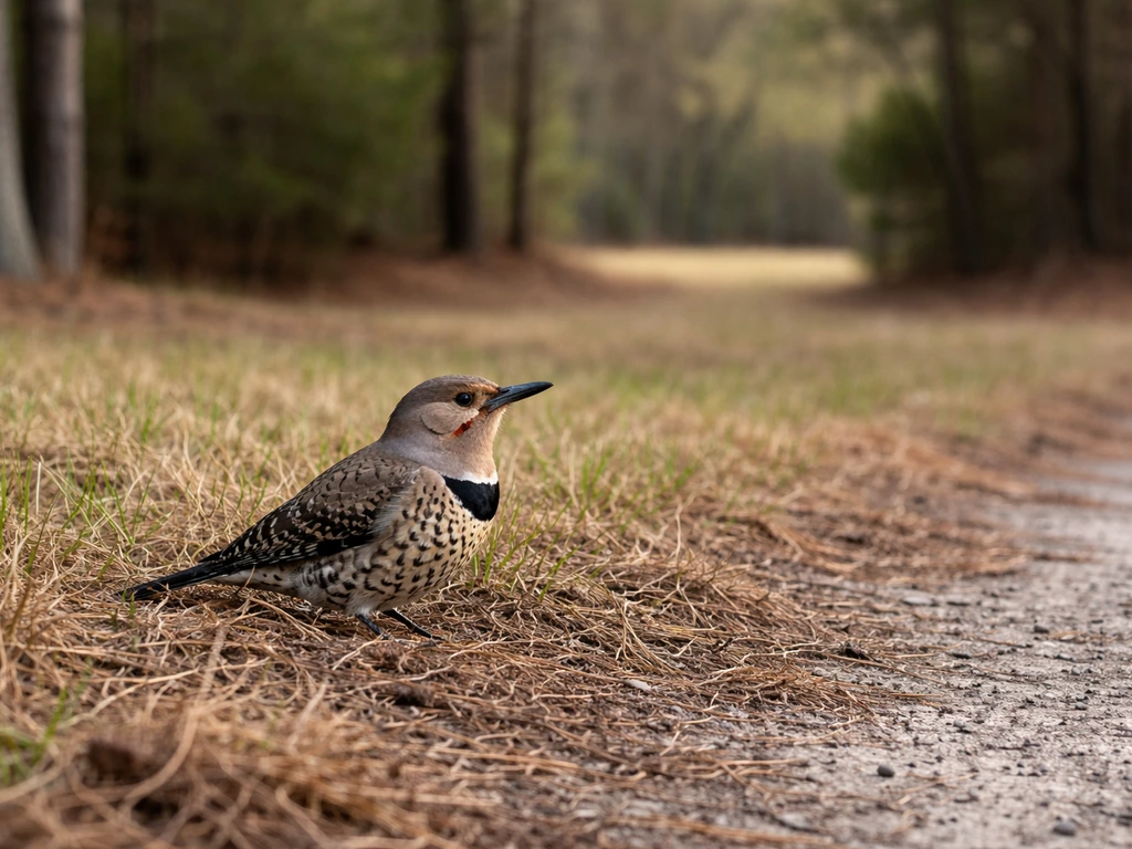 Northern Flicker perched near the ground at an Alabama woodland edge with grass and trees behind it.