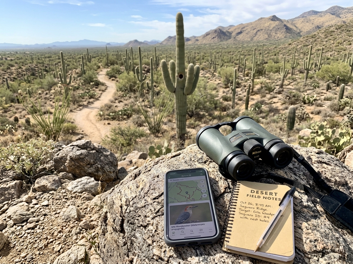 Binoculars and field guide gear overlooking desert cactus habitat to spot the state bird