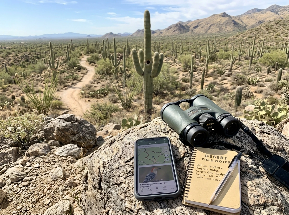 Binoculars and field guide gear overlooking desert cactus habitat to spot the state bird