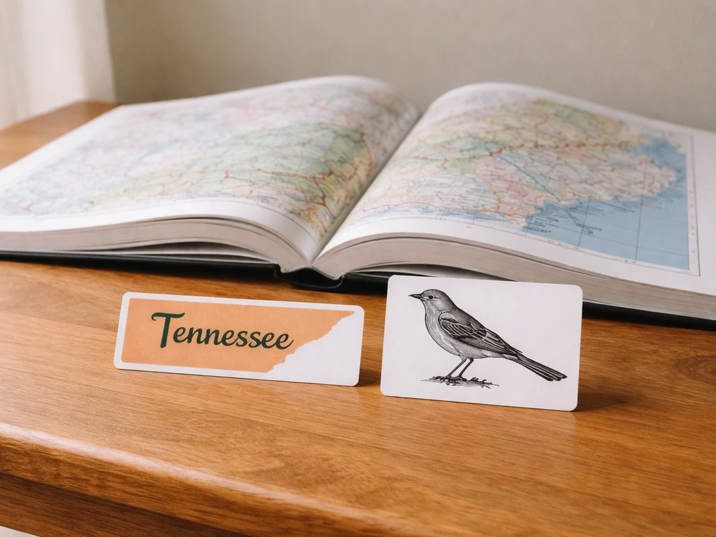 Open atlas with a Tennessee state-name card beside a mockingbird silhouette, showing Tennessee isn’t a bird.