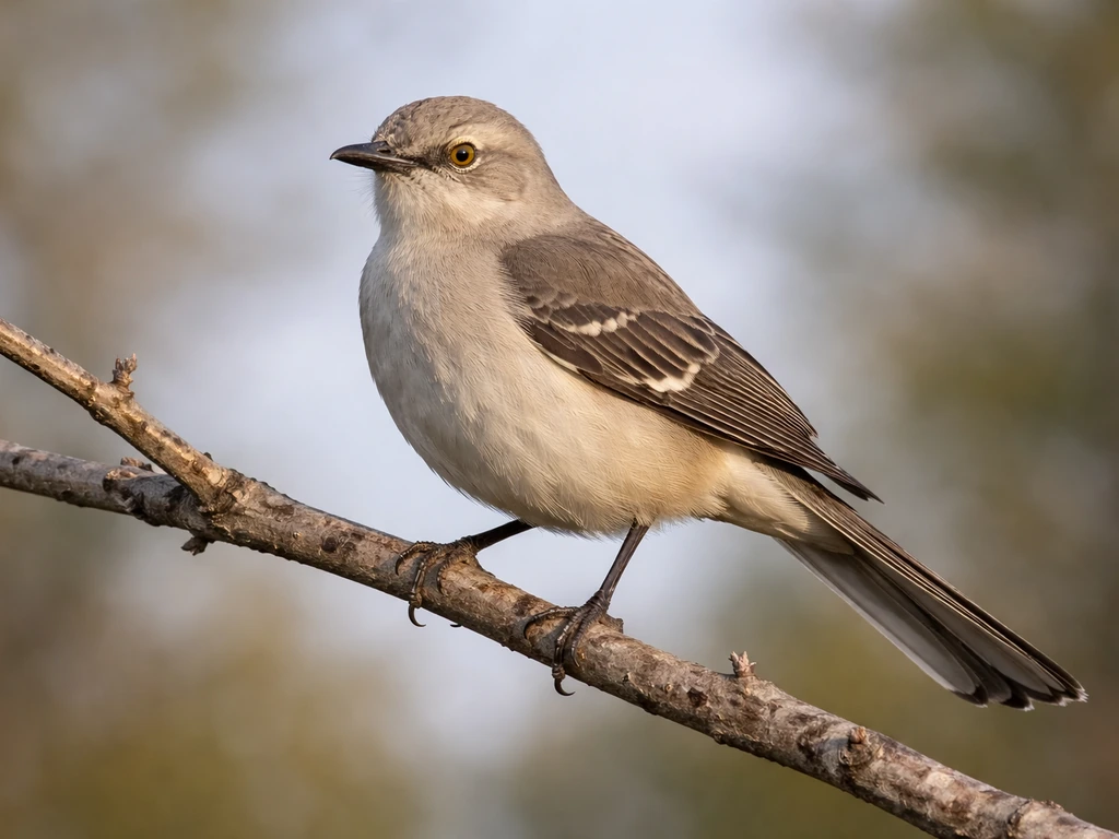 Northern Mockingbird perched on a branch, showing gray-brown back, pale underside, wing and tail details.