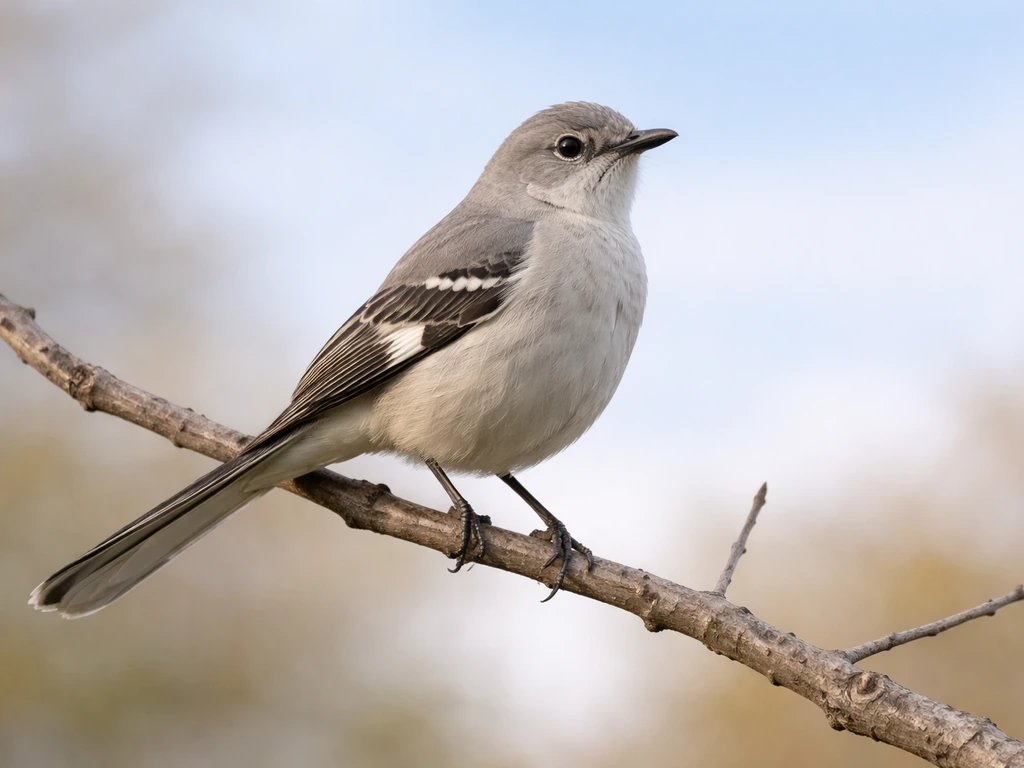 A close-up of a northern mockingbird perched on a bare branch against a soft sky background.