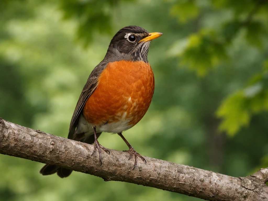 American robin perched on a tree branch with softly blurred green foliage in natural daylight.