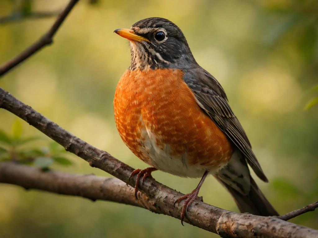 American robin perched close-up, showing warm orange breast and dark head in natural light