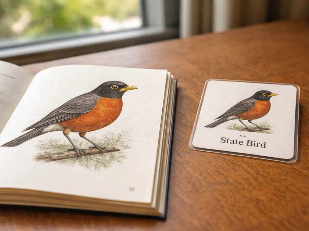 Close-up of an American robin field guide page and laminated state bird symbol card on a wooden desk.