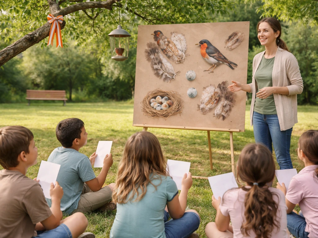 Children gather outdoors around a robin-themed poster board during a community vote event
