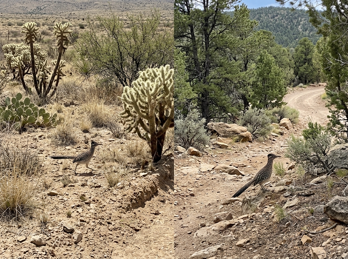 Greater Roadrunner in contrasting New Mexico habitats: desert scrub and pinyon-juniper edge